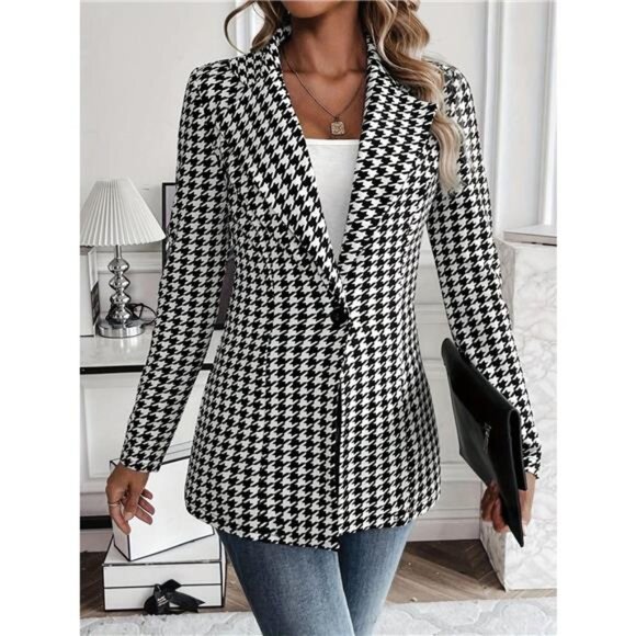 Houndstooth Print Lapel Collar Blazer - Picture 4 of 5